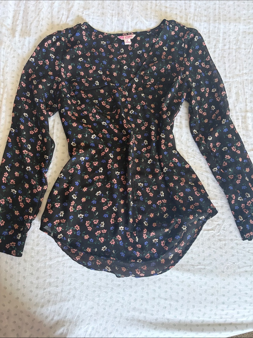 Candie's Black Floral V-Neck Peplum Blouse with Pink & Blue Flowers